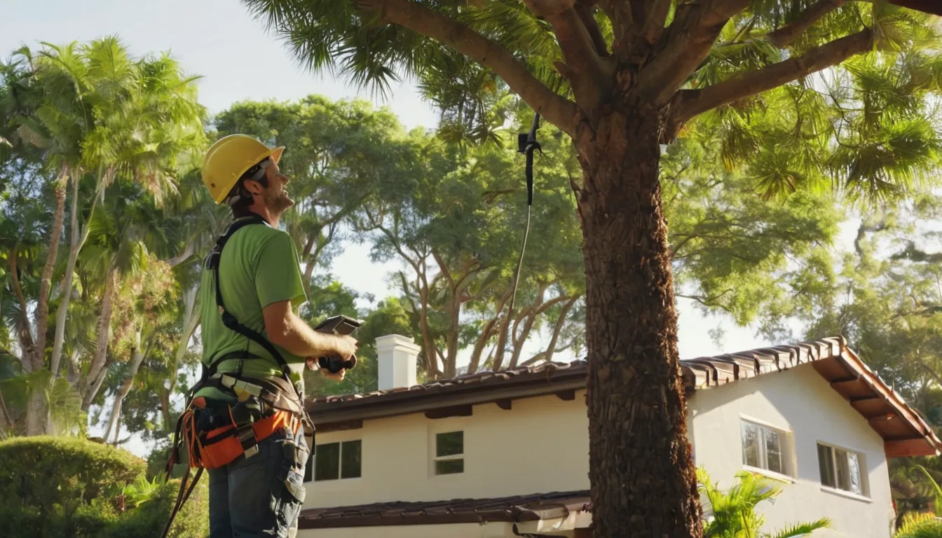 A tree removal provider checking a large tree behind a home in West Palm Beach